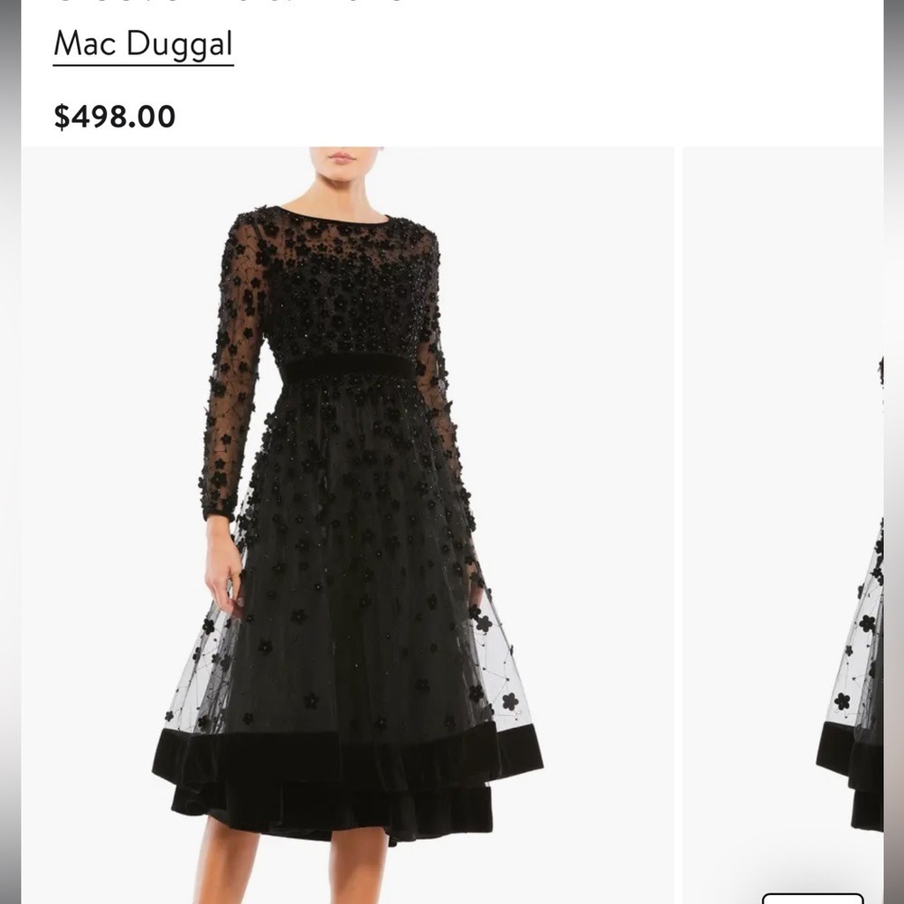 Mac Duggal Black 3D Floral Beaded Tulle Velvet‎ Trim Midi Cocktail Dress 5510